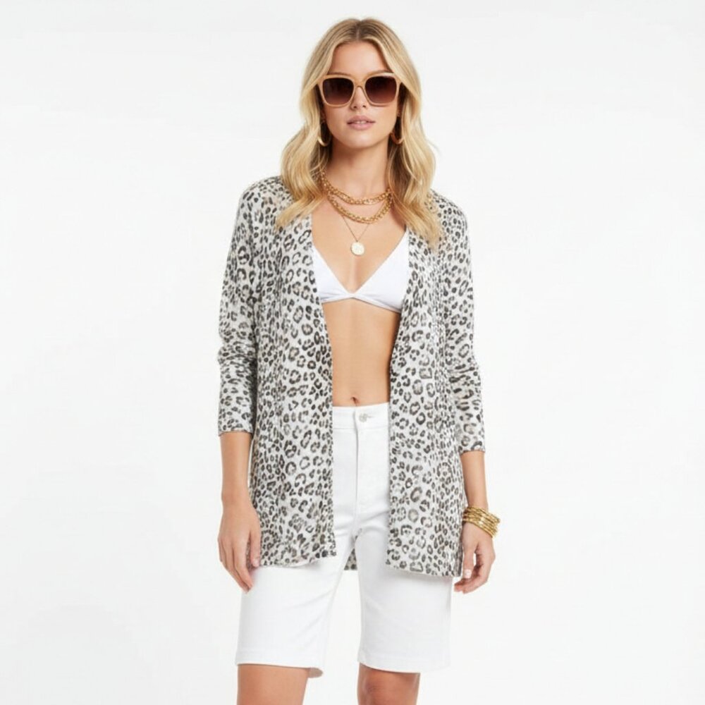 Yansi Fugel Tan & Brown Animal Leopard Print Knit Long Sleeve Cardigan Sweater S